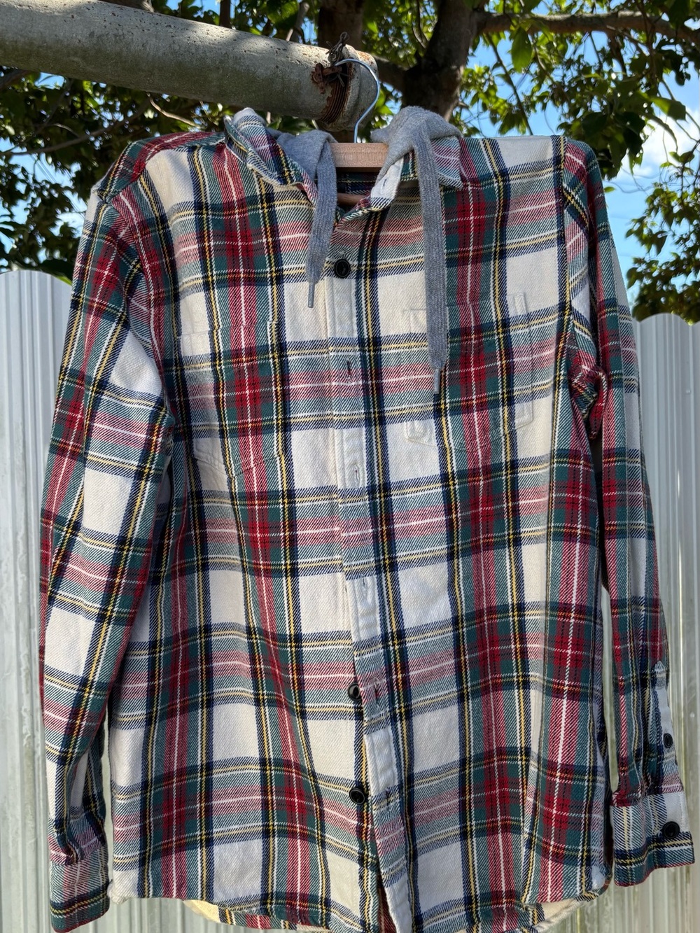 Primark White Plaid Hooded Shirt Jacket with Red & Navy Accents